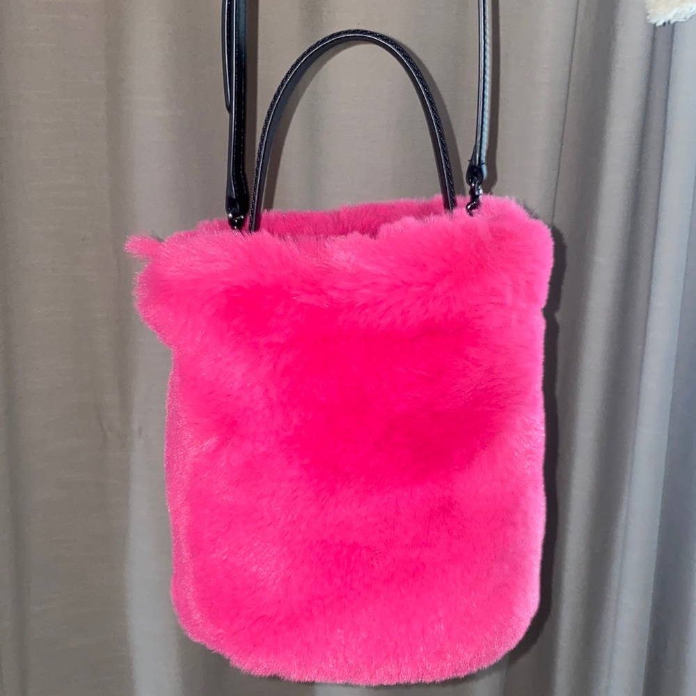 Karl Lagerfeld Pink Fur Bucket Bag with Strap